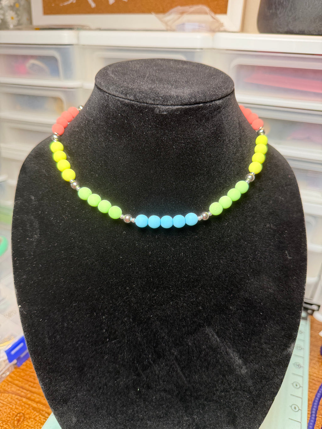 Handmade Beaded Necklace - Pastel Rainbow Color Block