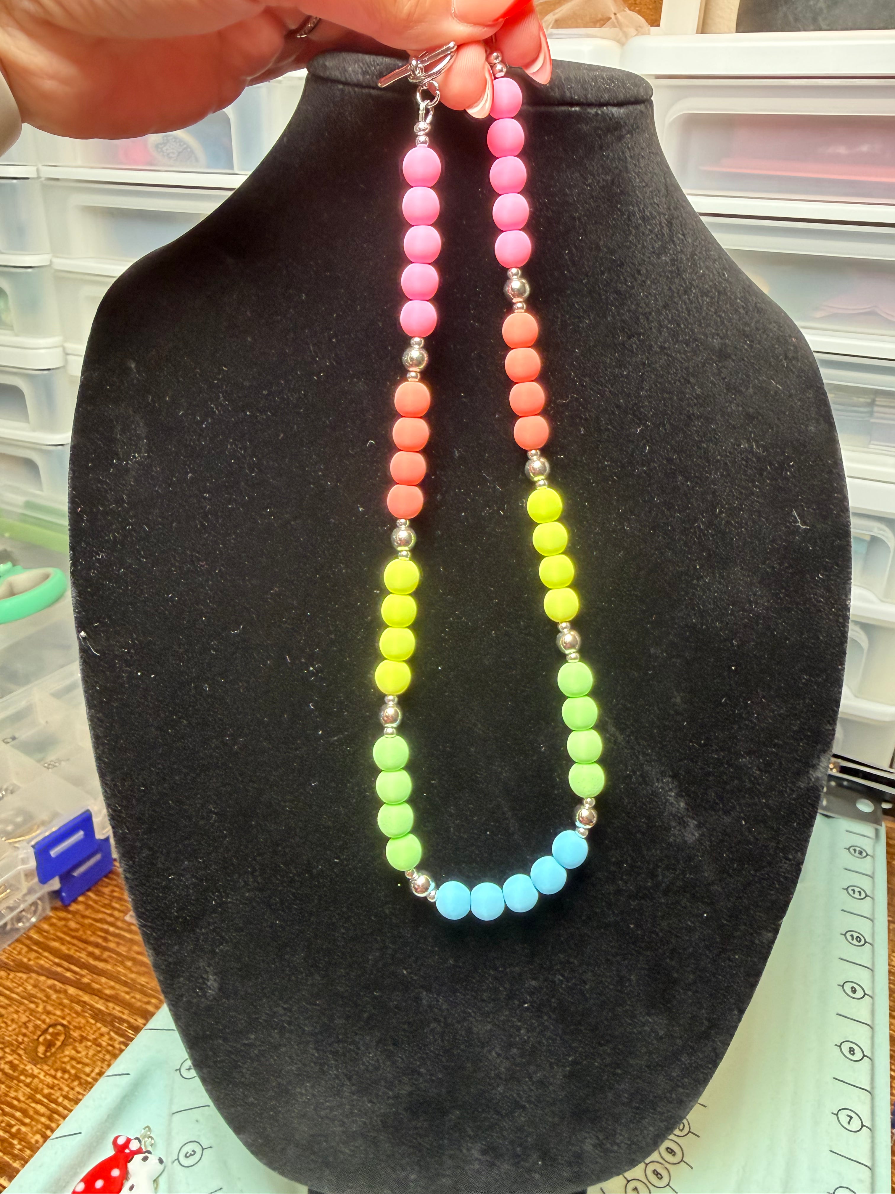 Handmade Beaded Necklace - Pastel Rainbow Color Block