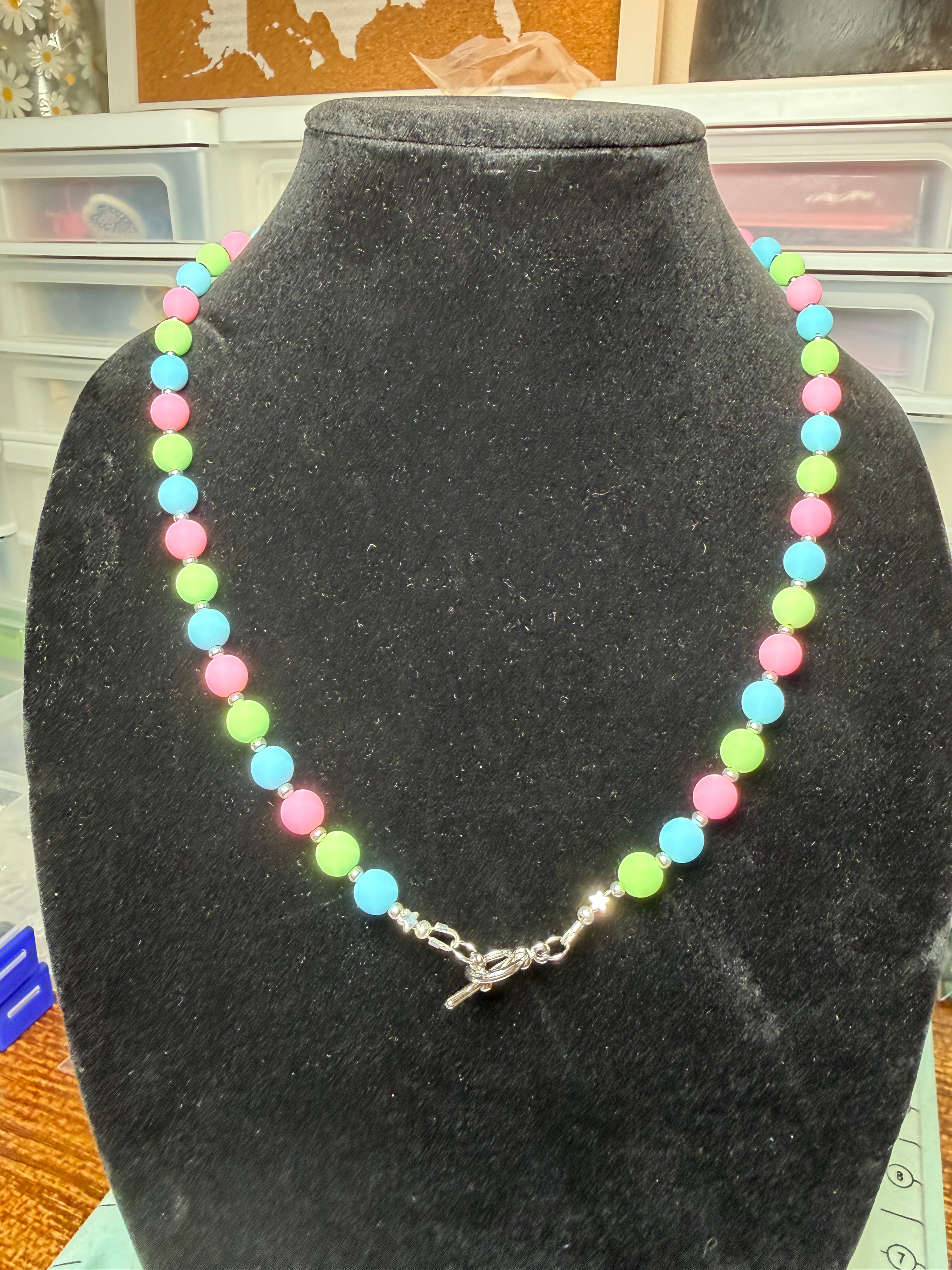 Handmade Beaded Necklace - Pastel Blue, Green, & Pink
