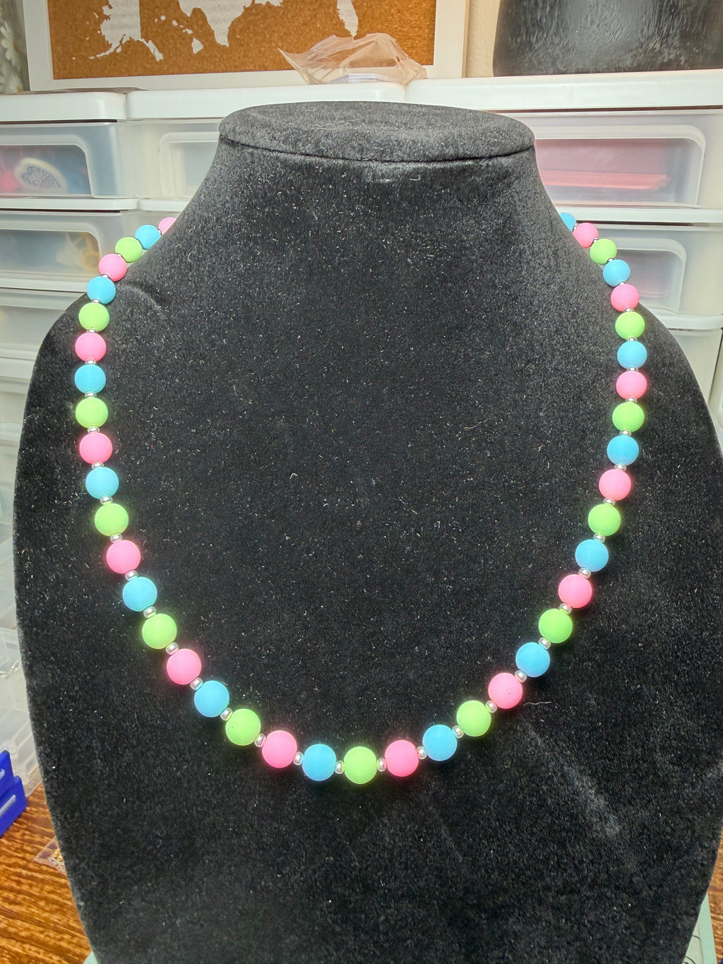 Handmade Beaded Necklace - Pastel Blue, Green, & Pink