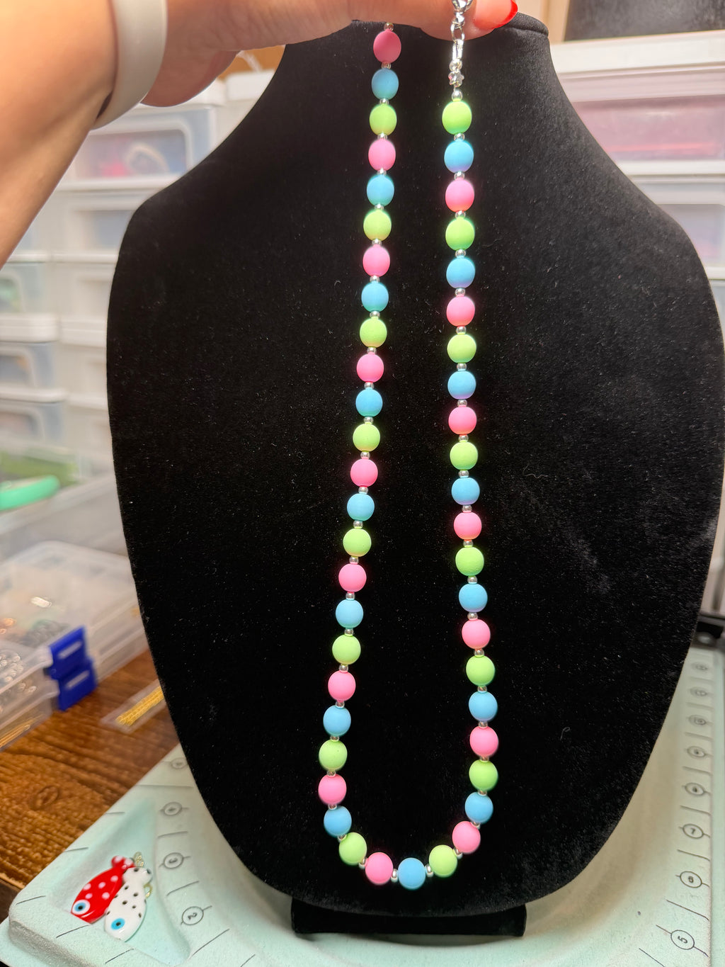 Handmade Beaded Necklace - Pastel Blue, Green, & Pink
