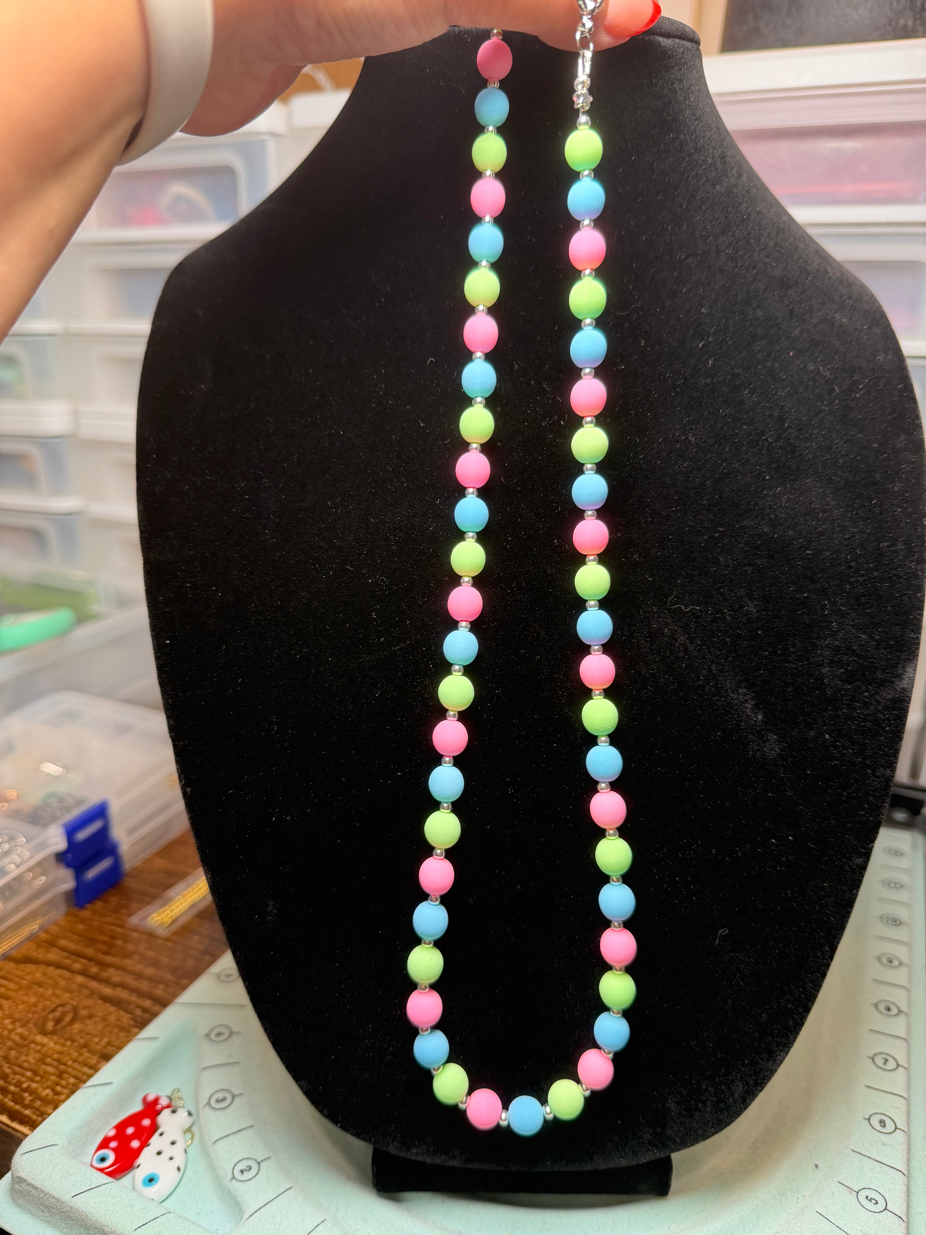 Handmade Beaded Necklace - Pastel Blue, Green, & Pink