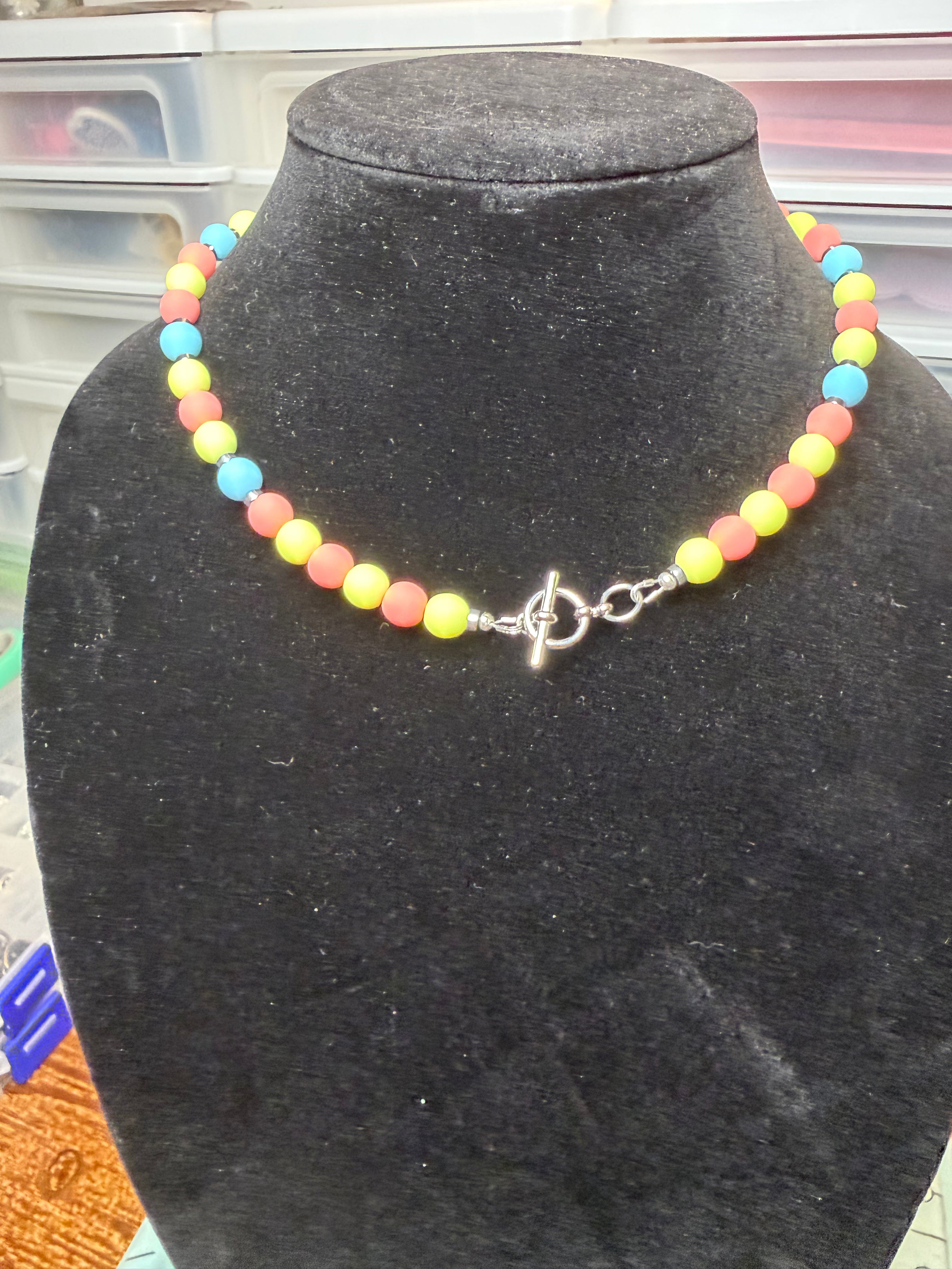 Handmade Beaded Necklace - Pastel Blue, Coral, & Yellow