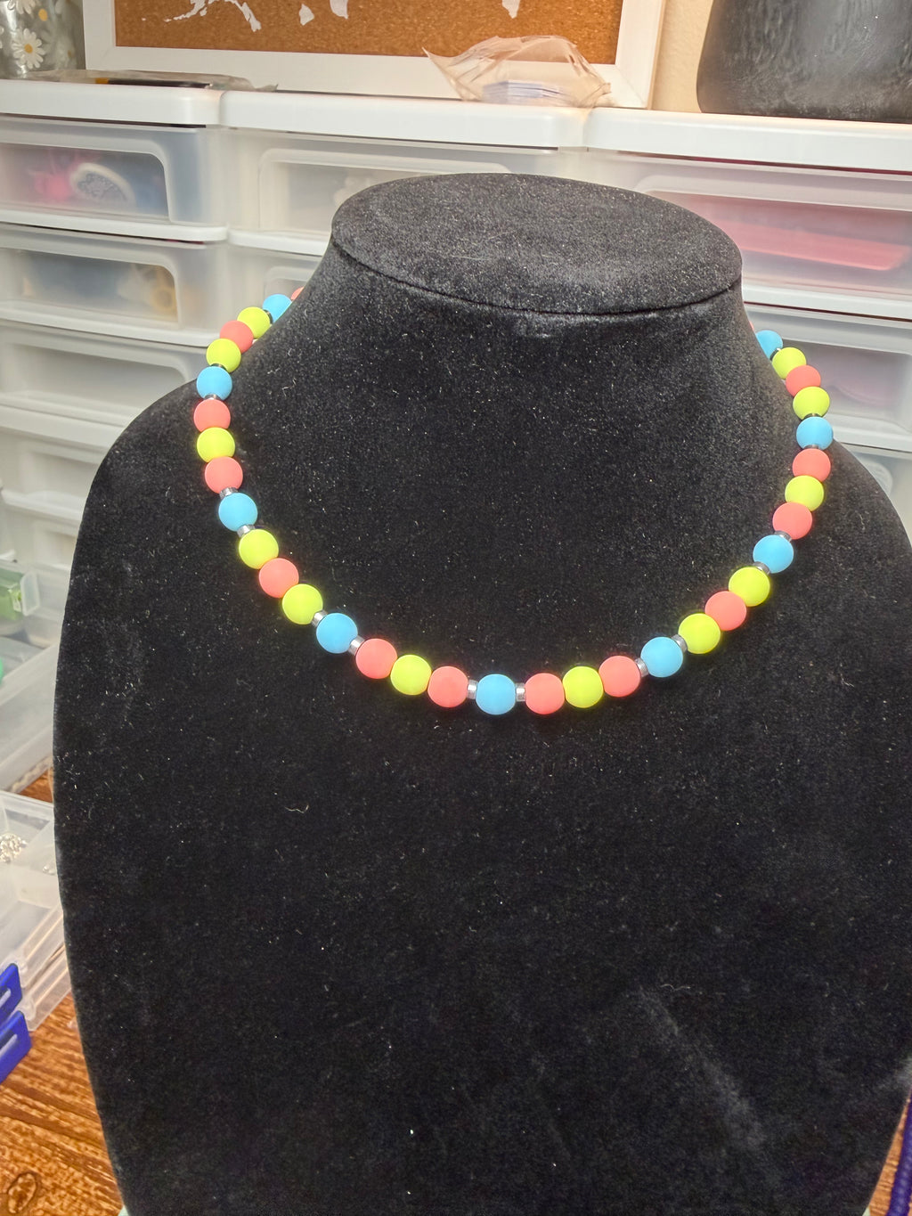 Handmade Beaded Necklace - Pastel Blue, Coral, & Yellow