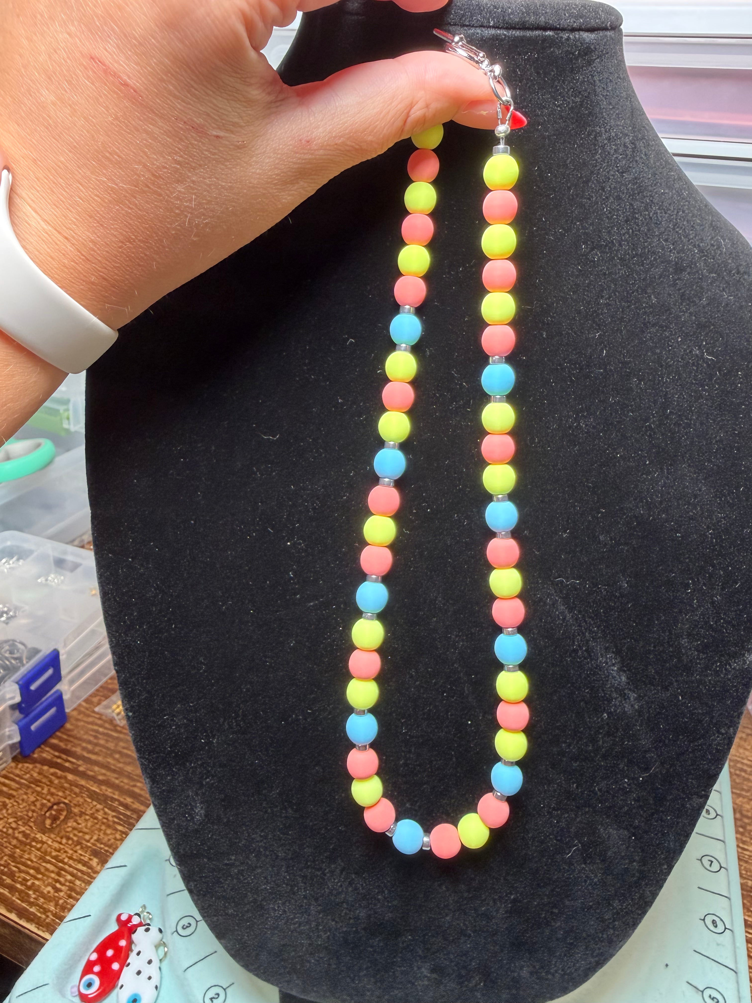 Handmade Beaded Necklace - Pastel Blue, Coral, & Yellow