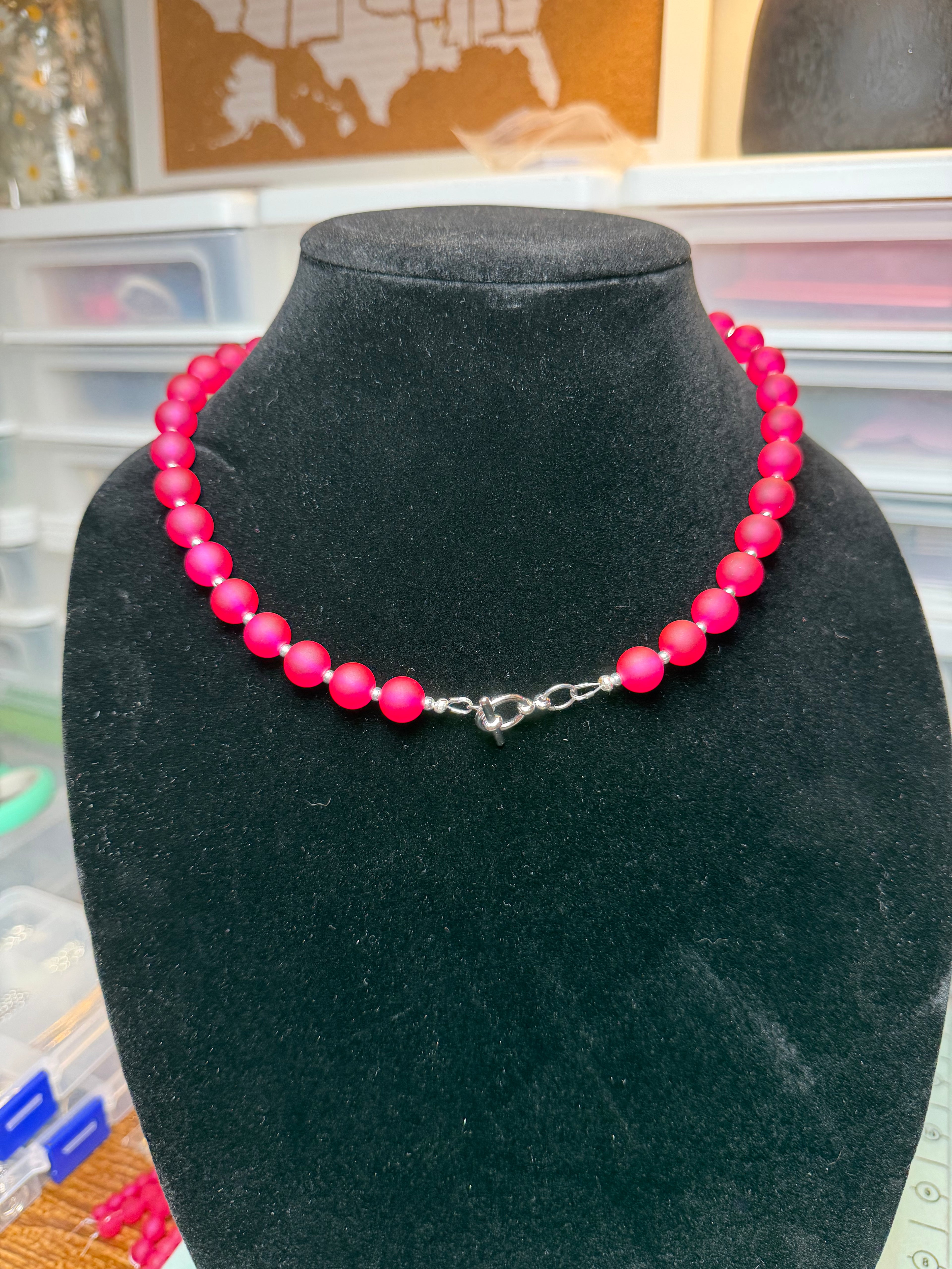 Handmade Beaded Necklace - Matte Acrylic Fuscia