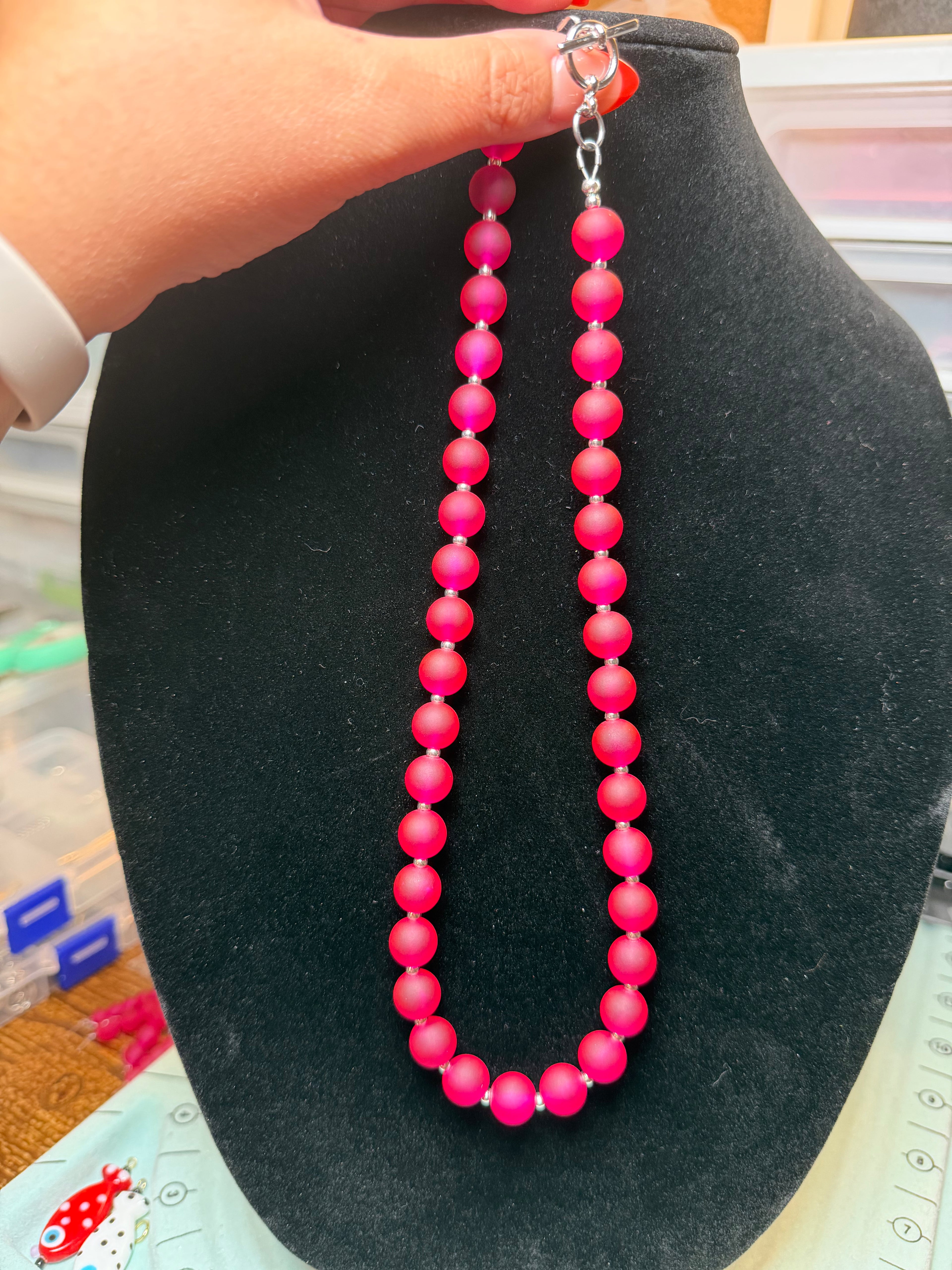 Handmade Beaded Necklace - Matte Acrylic Fuscia